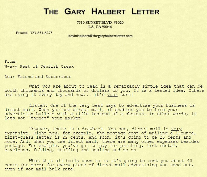Gary Halbert letter about mailing