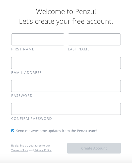 Screenshot of the modern and sleek Penzu signup flow. Just enter your name, email, and password to get started.