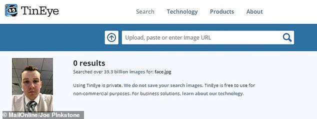 The specialised site TinEye, a reverse image search engine specialising in spotting copyright fraud , found no images of my face. This is correct as the image does not exist on the web and it did not offer similar photos