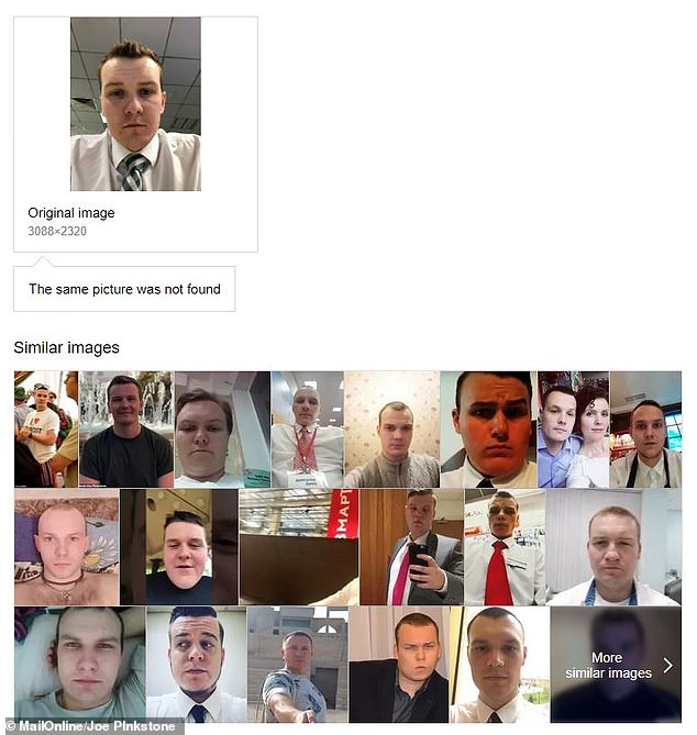 The selfie taken at my desk (top) was submitted to Yanex in their image search (pictured). The first two images were other photographs of me which are available online. One from my private Facebook and one from another MailOnline article