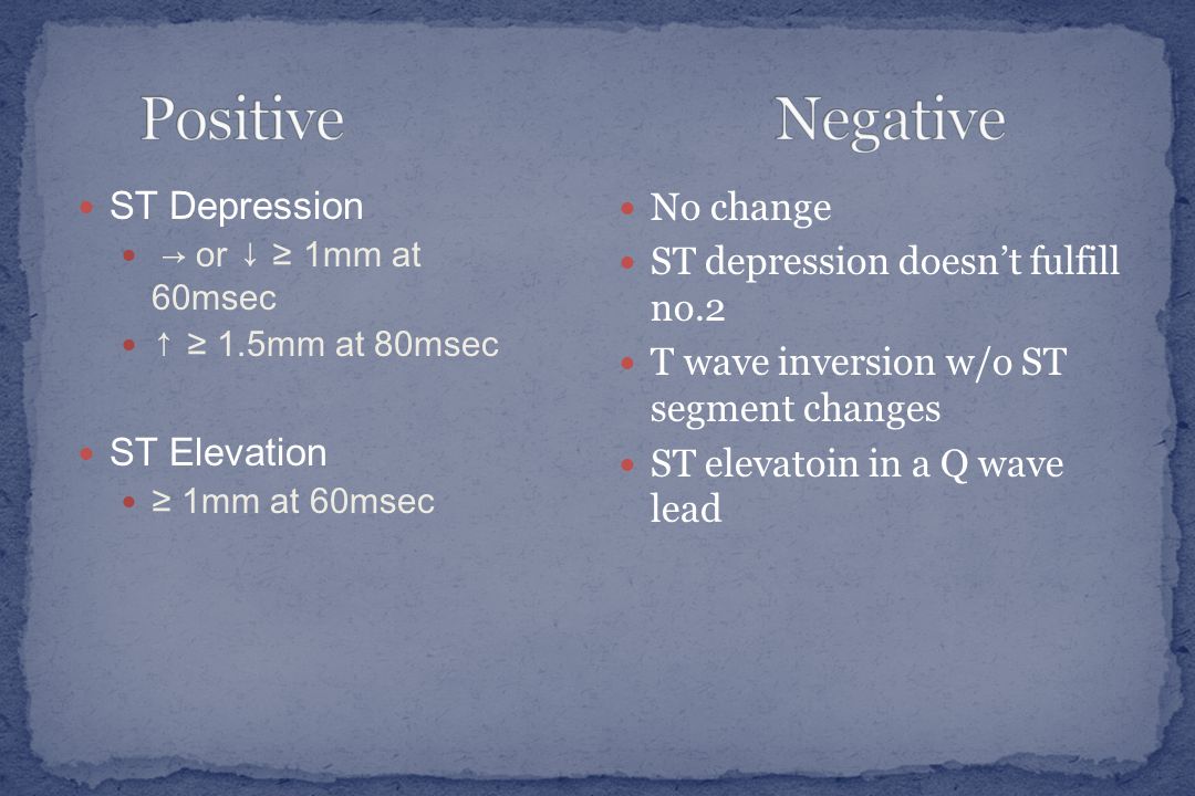 ST Depression → or ↓ ≥ 1mm at 60msec ↑ ≥ 1.5mm at 80msec ST Elevation ≥ 1mm at 60msec No change ST depression doesn’t fulfill no.2 T wave inversion w/o ST segment changes ST elevatoin in a Q wave lead